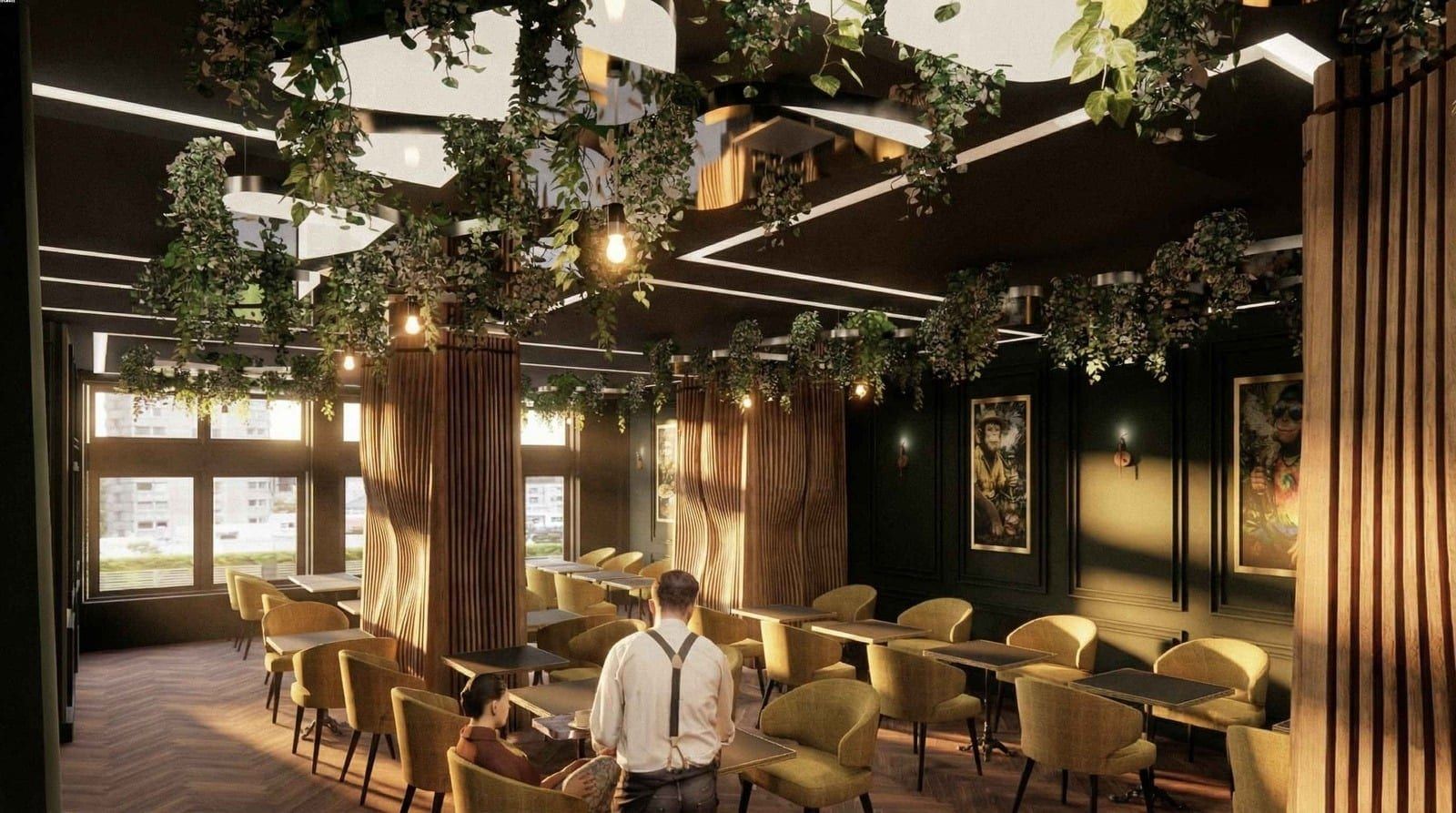 Dark green café interior with fluted wood columns and hanging greenery