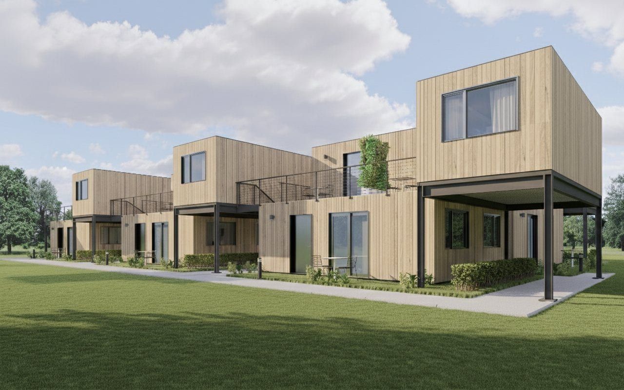 Two-story modular container hotel exterior with wood cladding
